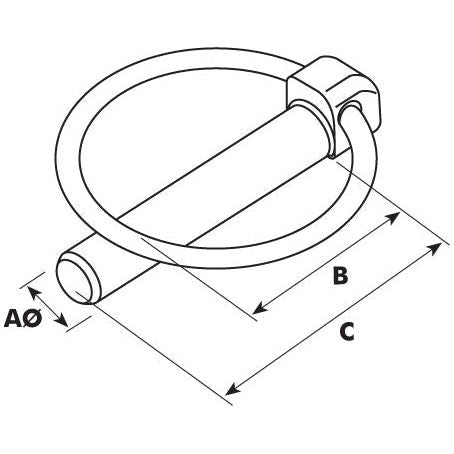 Illustration of a Round Linch Pin from Sparex with labeled dimensions AØ, B, and C, showing the lengths and diameter necessary for accurate fitting measurements. This value standard duty pin ensures precise alignment and reliability. Product Name: Round Linch Pin, Pin Ø6mm x 44.5mm (25 pcs. Agripak) | Sparex Part No.S.10519