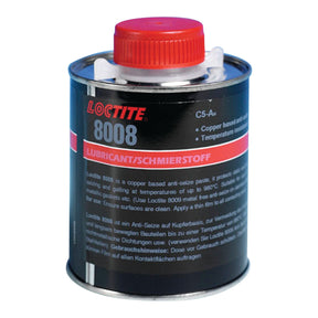 A cylindrical can of Sparex LOCTITE 8008 Anti-Seize 454gr - S.105350 lubricant with a red twist cap, labeled as copper-based anti-seize paste, suitable for high temperatures up to 980°C.