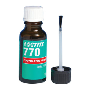 A small brown bottle of Sparex Polyolefin Primer 770 - 10gr - S.105366, ideal for instant adhesives, with its label showing and the cap removed. The cap has a brush applicator attached, making it perfect for preparing difficult-to-bond plastics.