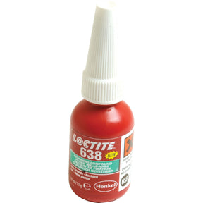 A bottle of Threadlock 638 - 10ml - S.105370 by Sparex, featuring a red label and white cap, positioned upright. The text on the bottle specifies that it is a high-strength retaining compound designed for securing cylindrical fitting parts and is resistant to high temperatures.