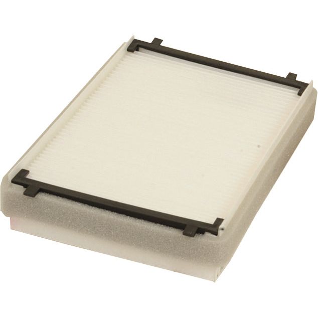 The Pollen Filter | Sparex Part No.S.105479, branded by Sparex, is a rectangular air filter featuring a white pleated surface and black plastic edges. It is commonly utilized for filtering dust and particles in various devices or machinery, including John Deere tractors.