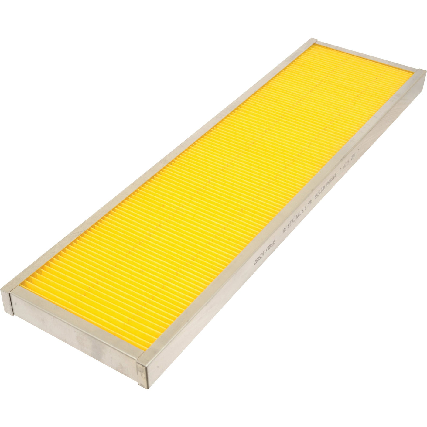 Dust Filter | Sparex Part No.S.105492, a rectangular air filter with a yellow pleated filter medium, is enclosed in a gray metal frame and viewed from a slight angle. This robust dust filter, crafted by Sparex, ensures optimal performance and durability.