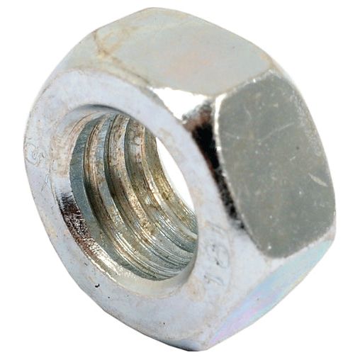 Close-up of a shiny metal Metric Hexagon Nut, M8x1.25mm (DIN 934) Metric Coarse, specifically the Sparex Part No. S.1055, with internal threading, likely used for fastening bolts or screws.