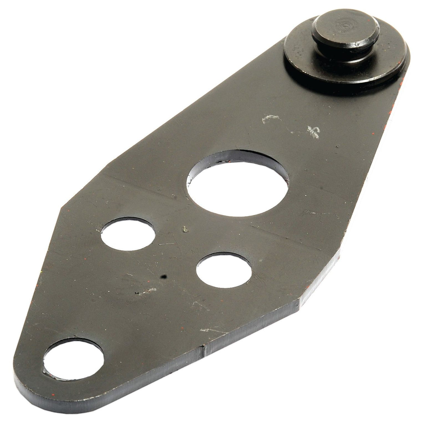 The Sparex Mower blade holder (S.105826) is a black metal bracket measuring 163mm in length and 65mm in width. It features multiple circular holes with a center spacing of 26mm, and it comes with a bolt attached at one end. This replacement part is compatible with Krone machinery, specifically fitting as part number 1451062, using a Pin size of 18mm.