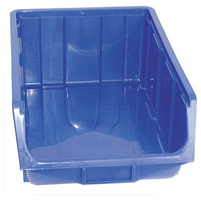 The Sparex Storage Bin (Part No. S.10586), with dimensions of 333 x 505 x 187mm, is a blue plastic organizer featuring an open front and compartmentalized sides, making it a standout choice for efficiently holding and organizing various items among other storage boxes.