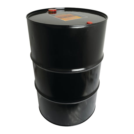 A black, cylindrical oil barrel with two red seals on the top, ideal for storing Transmission Oil HI-Q-4 10W (200 liters), Sparex Part No. S.105945.