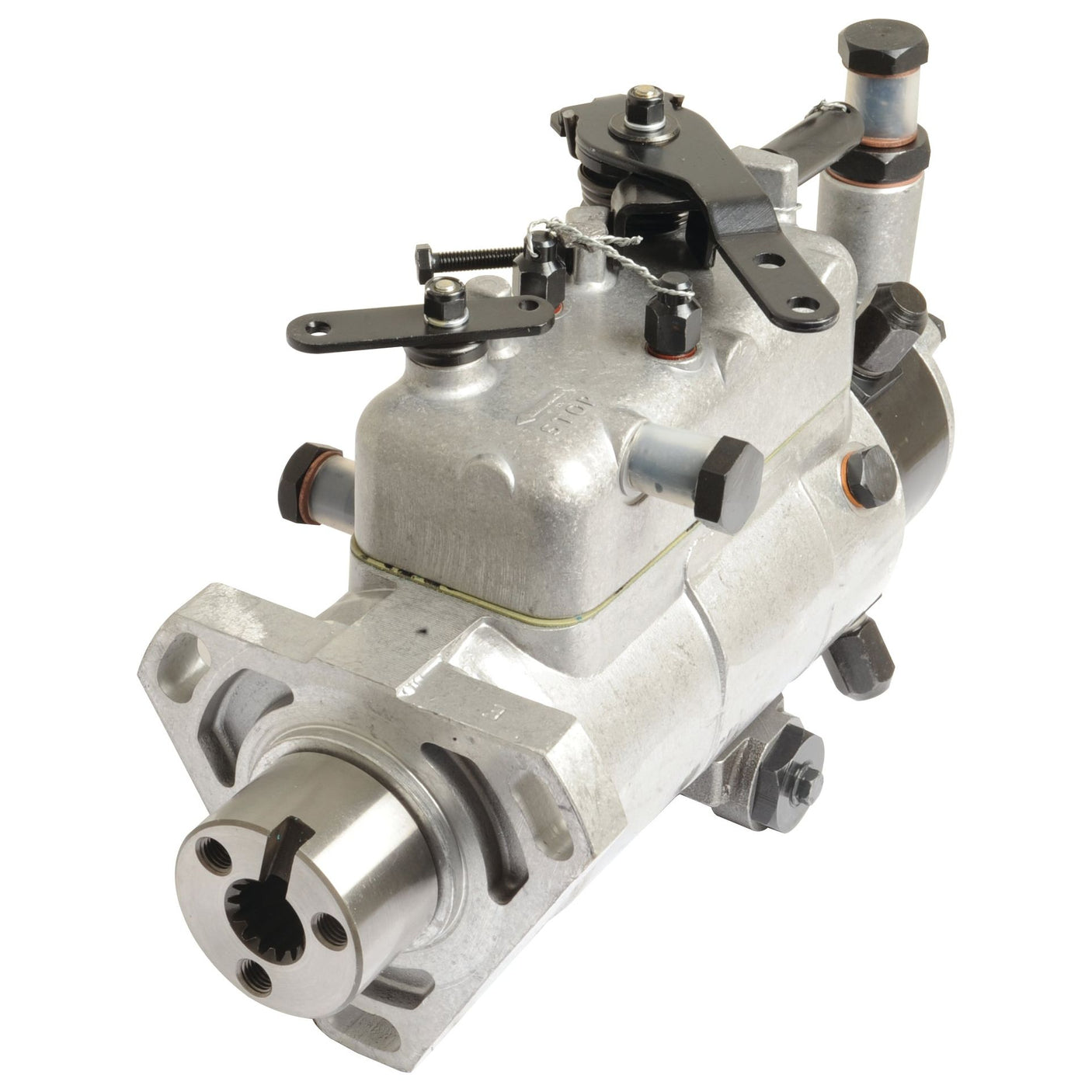 Close-up view of the Fuel Injection Pump (Sparex Part No.S.105958) by Sparex, showcasing its silver finish, bolts, levers, connectors, and featuring the hydraulic timing device for optimal performance.