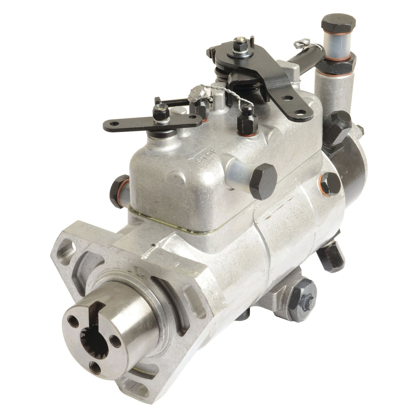 Image of a silver Fuel Injection Pump (Sparex Part No.S.105960) featuring multiple bolts, valves, and levers, used in Ford Motor's diesel engines, specifically the BSD329 model, to deliver fuel into the combustion chambers.