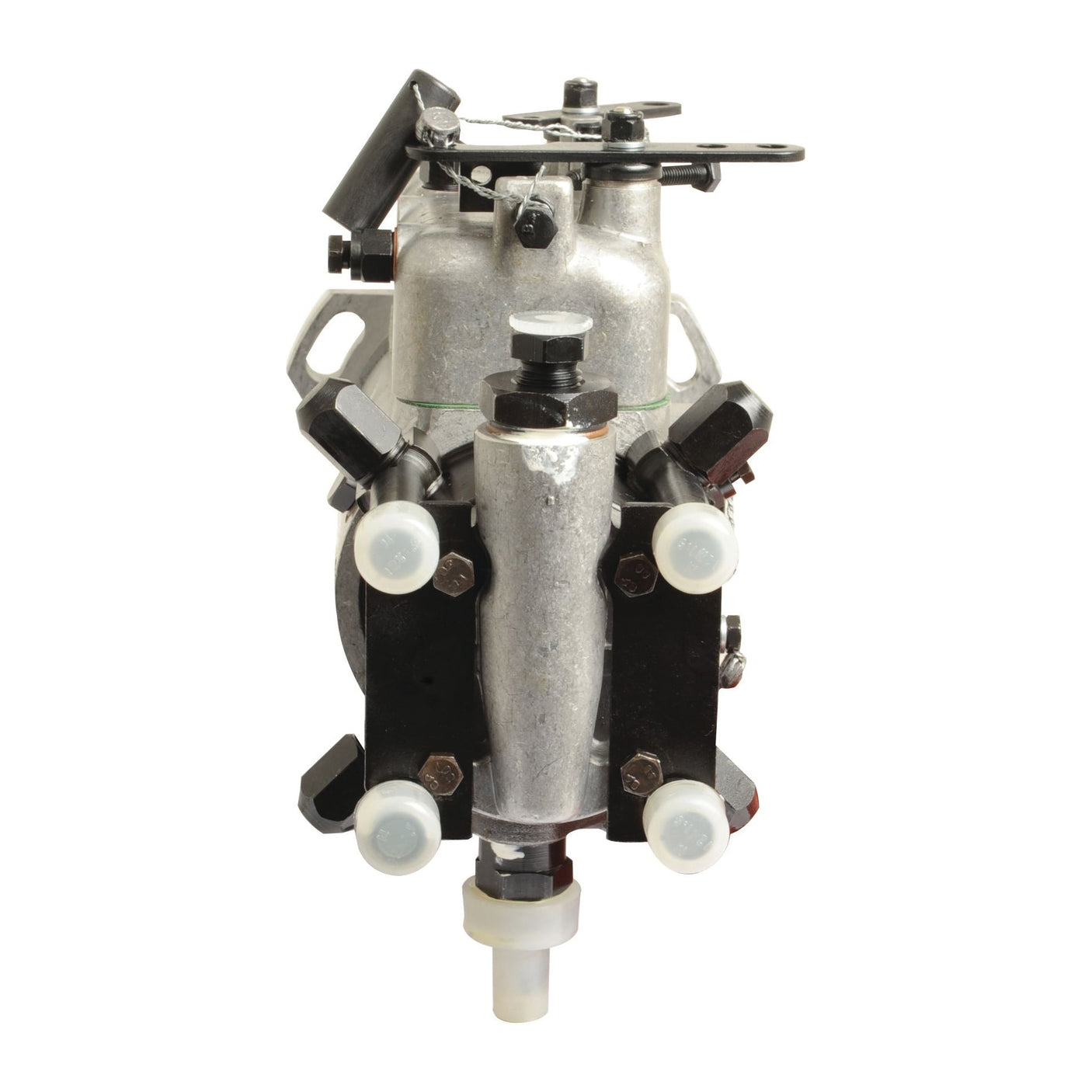 Front view of a metallic mechanical component with multiple bolts and fittings, likely part of an industrial or automotive system, potentially the Fuel Injection Pump Head and Rotor Kit (Sparex Part No. S.105962) by Sparex for a Fiat Iveco Engine.