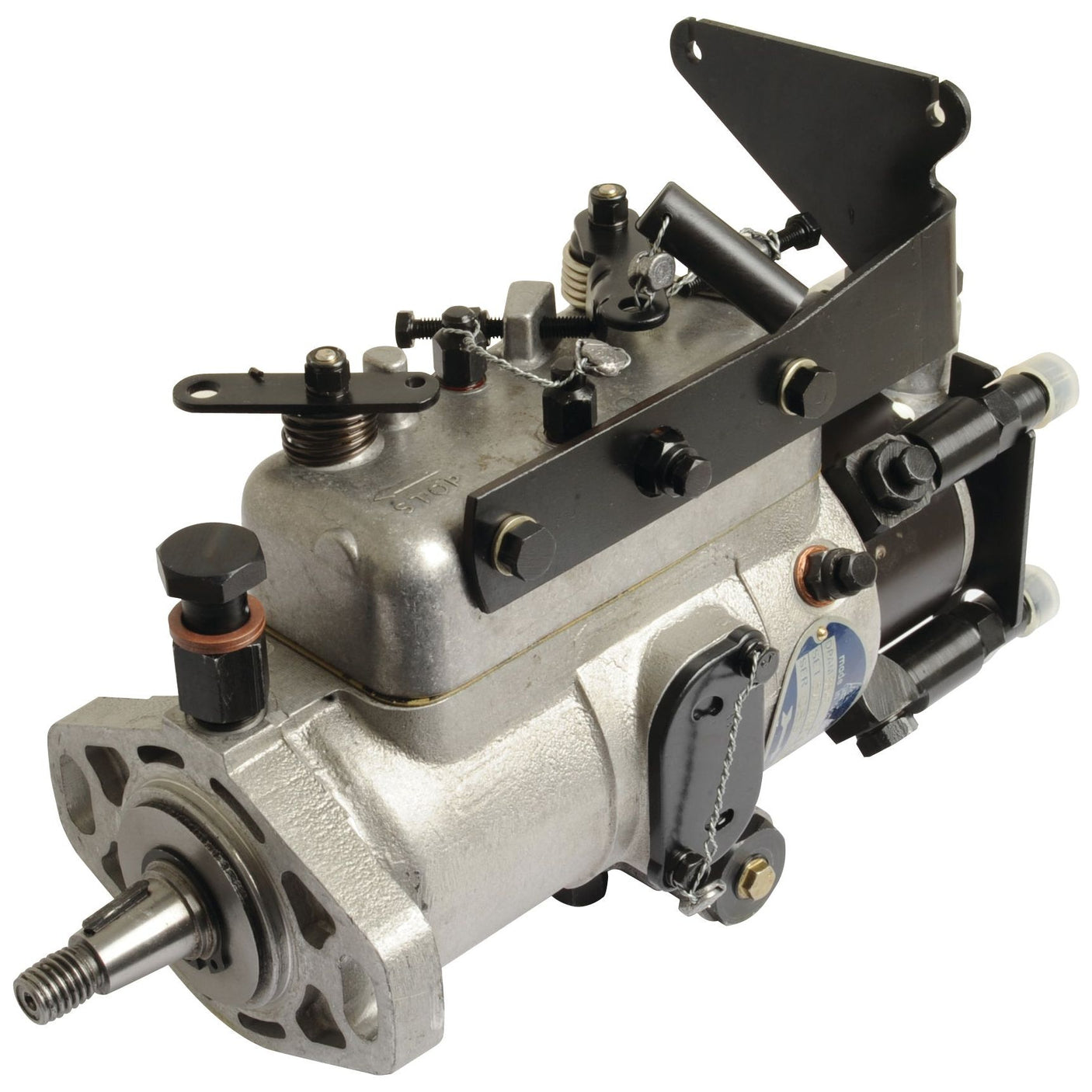 Close-up of a mechanical fuel injection pump with various bolts, levers, and connectors attached. The Sparex Fuel Injection Pump Head and Rotor Kit (Part No. S.105970) is primarily metallic with some black and bronze components, designed specifically for the Case IH Motor D246.