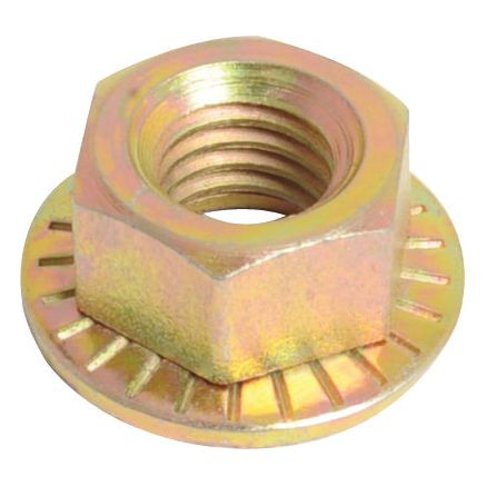 A Sparex Mower Combi Nut M10 (S.105989) is a metallic hex flange nut with internal threading and an integrated washer base, ideal for machinery from New Holland, fitting part number 80201062.