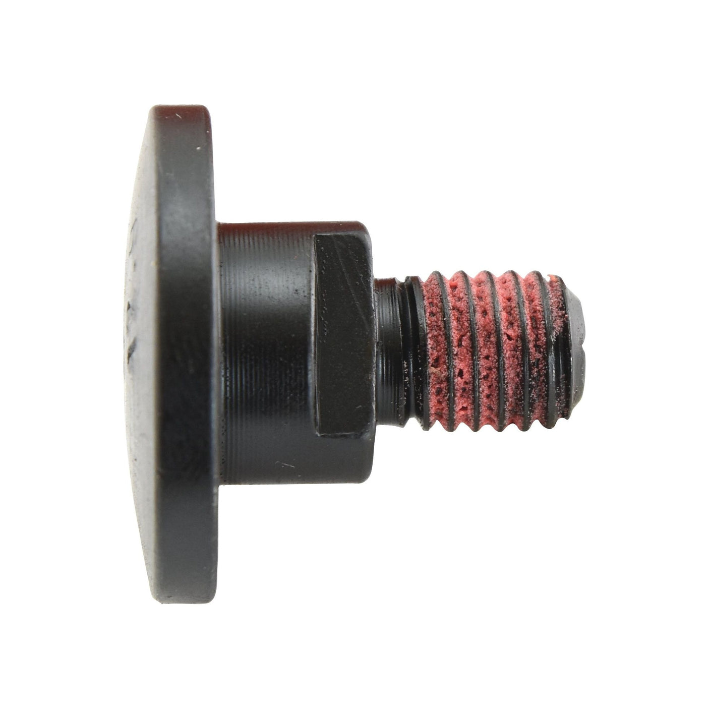 Side view of a Sparex Mower Blade Retainer, with a black plastic head, red M10x28mm metric threads, and a slotted drive, on a white background.