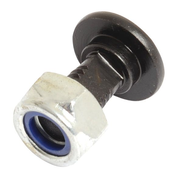 A Mower Blade Retainer, Replacement for Trimax (Sparex Part No. S.105993) featuring a black bolt with a wide head and a silver hex nut with a blue inner ring, suitable for applications using Rasspe components.