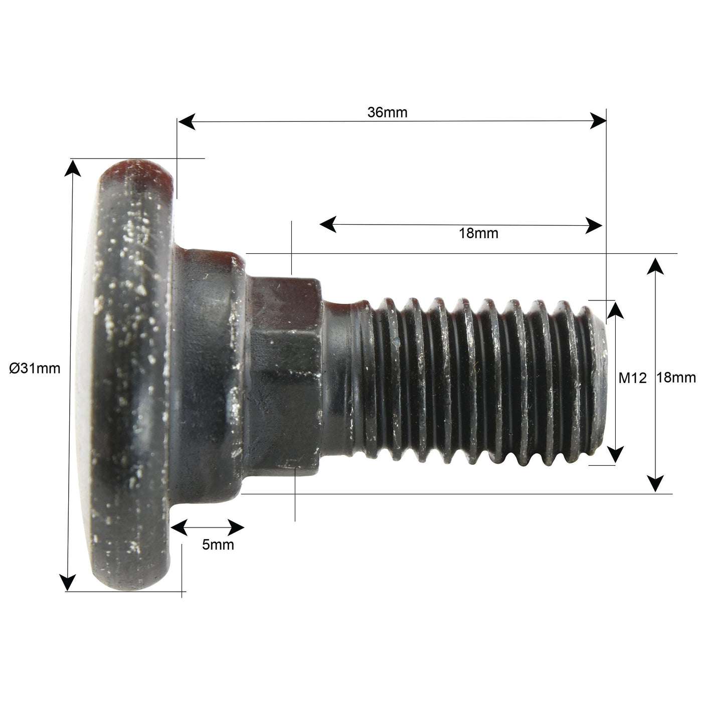 Side view of a metal bolt with a flat head and a threaded shaft, labeled dimensions include Ø31mm head diameter, 18mm threaded length, 36mm total length, and M12 thread size. This Sparex Mower Blade Retainer (M12x36mm) is a replacement for Vicon (B1374593) and meets various specifications for industrial use. Sparex Part No.S.105994.