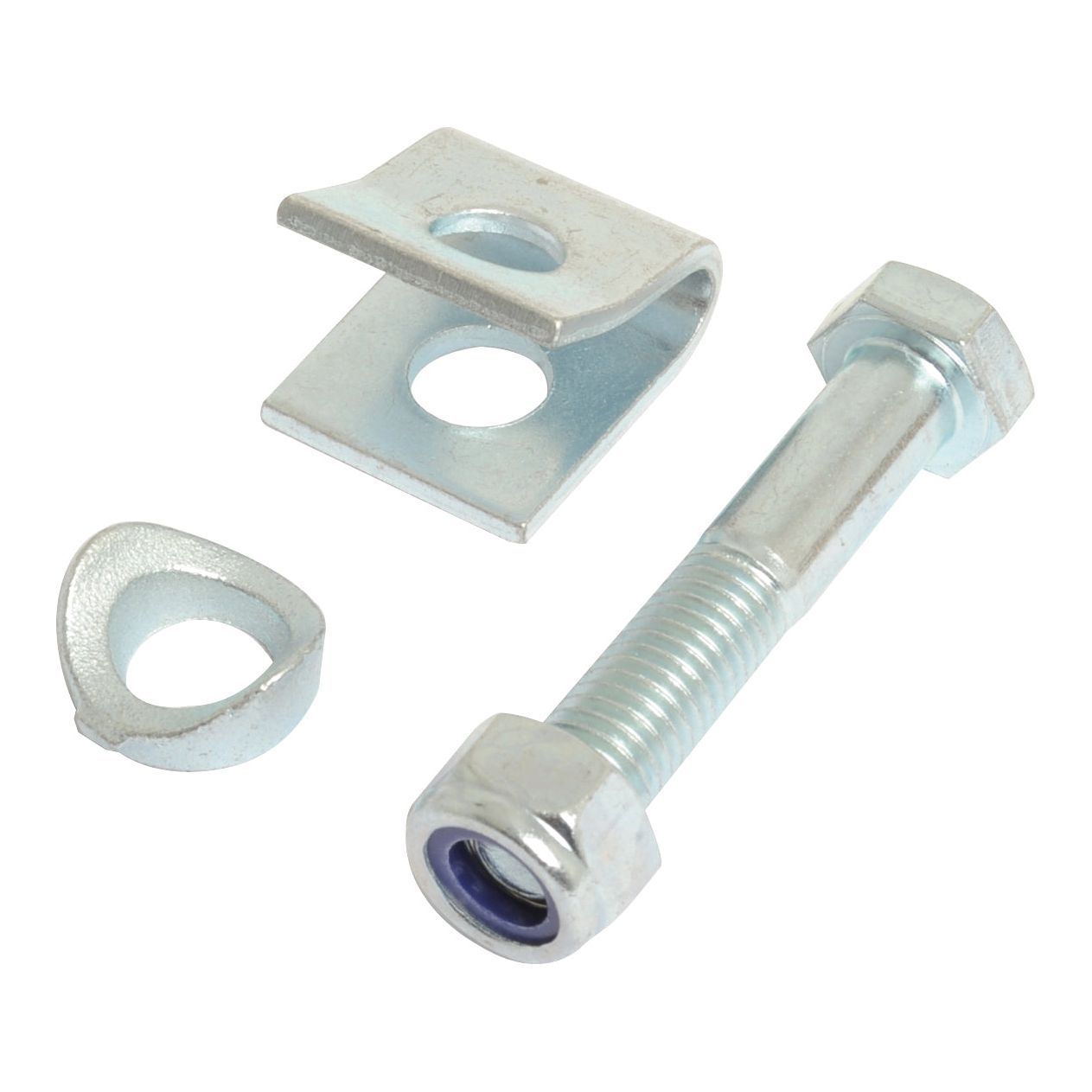 The Haytine holder by Sparex, replacement for Fella (S.106007), is a set of metal hardware components including a bolt with a nut specified by thread size, a round cable clamp, and a small L-shaped bracket with a hole.