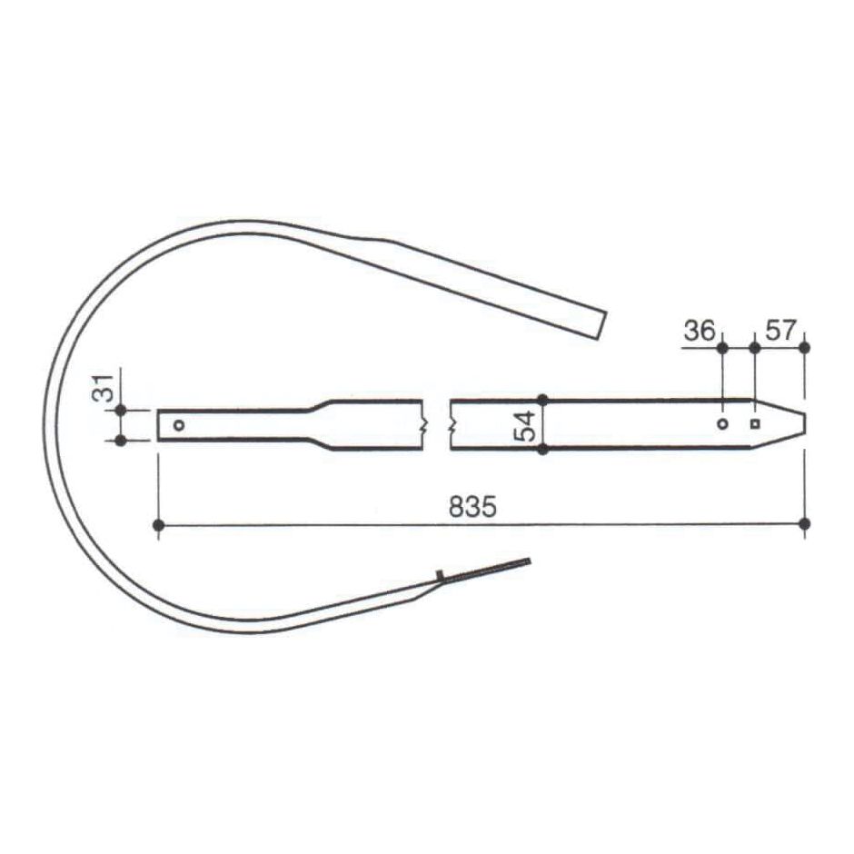 A technical diagram of the Sparex Pick Up Reel Band (S.106046) with measurements in millimeters. It shows the length of the band as 835mm and other dimensions as 31mm, 36mm, 54mm, and 57mm. Ideal for use in Hesston 4600 or New Holland models.