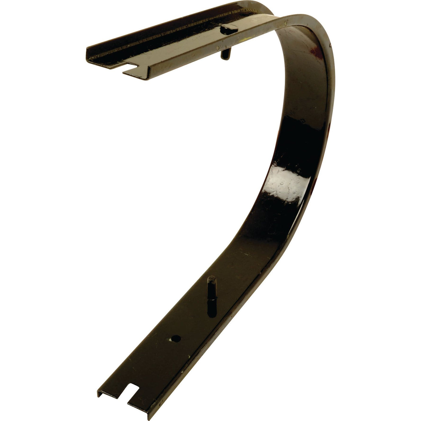 The Sparex Pick Up Reel Band (S.106047) is a black metal bracket with a curved design and mounting holes at each end, ideal for supporting or holding other objects and suitable as a replacement for John Deere equipment.