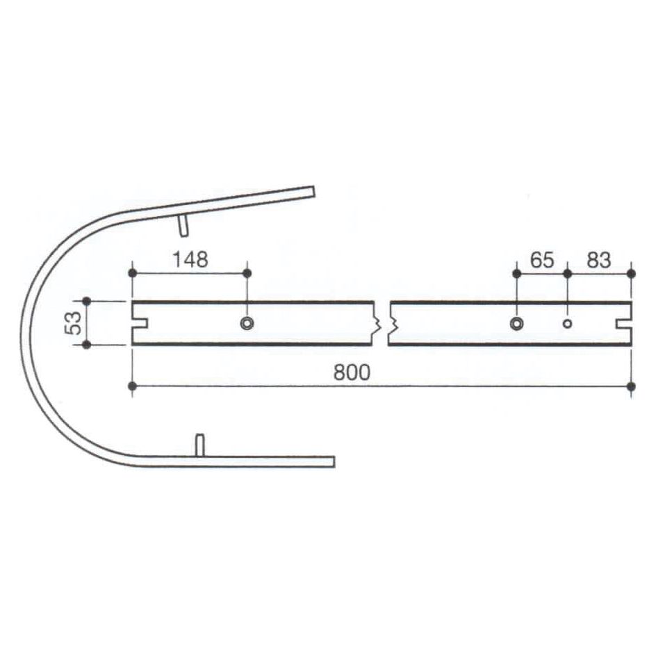 Technical drawing of a Pick Up Reel Band - S.106047, compatible as a replacement for John Deere 410. The straight sections of the band are 800mm long and 53mm wide, with detailed measurements for the holes and slots. Perfect for Sparex parts inventory updates.