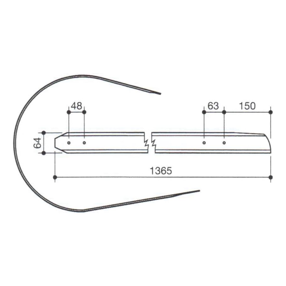 Technical drawing of the Pick Up Reel Band - S.106054 by Sparex, ideal for replacing Massey Ferguson parts, with precise dimensions: width 1365 mm, diameter 64 mm, and specific segments measured at 48 mm, 63 mm, and 150 mm.