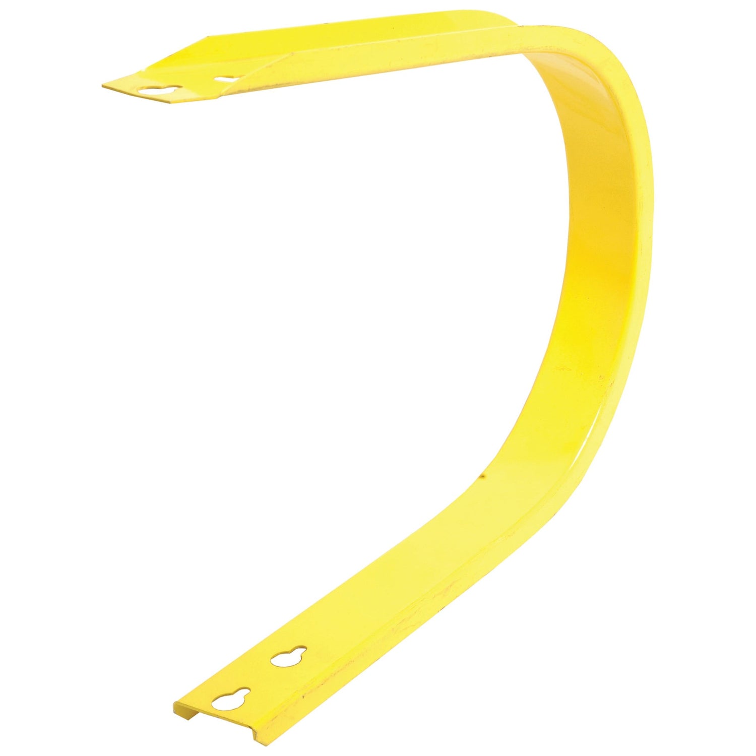 The Pick Up Reel Band - S.106058 by Sparex is a yellow metal bracket with a curved shape and holes at both ends, designed as a replacement for New Holland equipment.