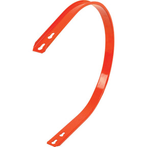 The Pick Up Reel Band - S.106059 by Sparex is a curved, orange, metal strap with holes at both ends for mounting, ideal as a replacement part.