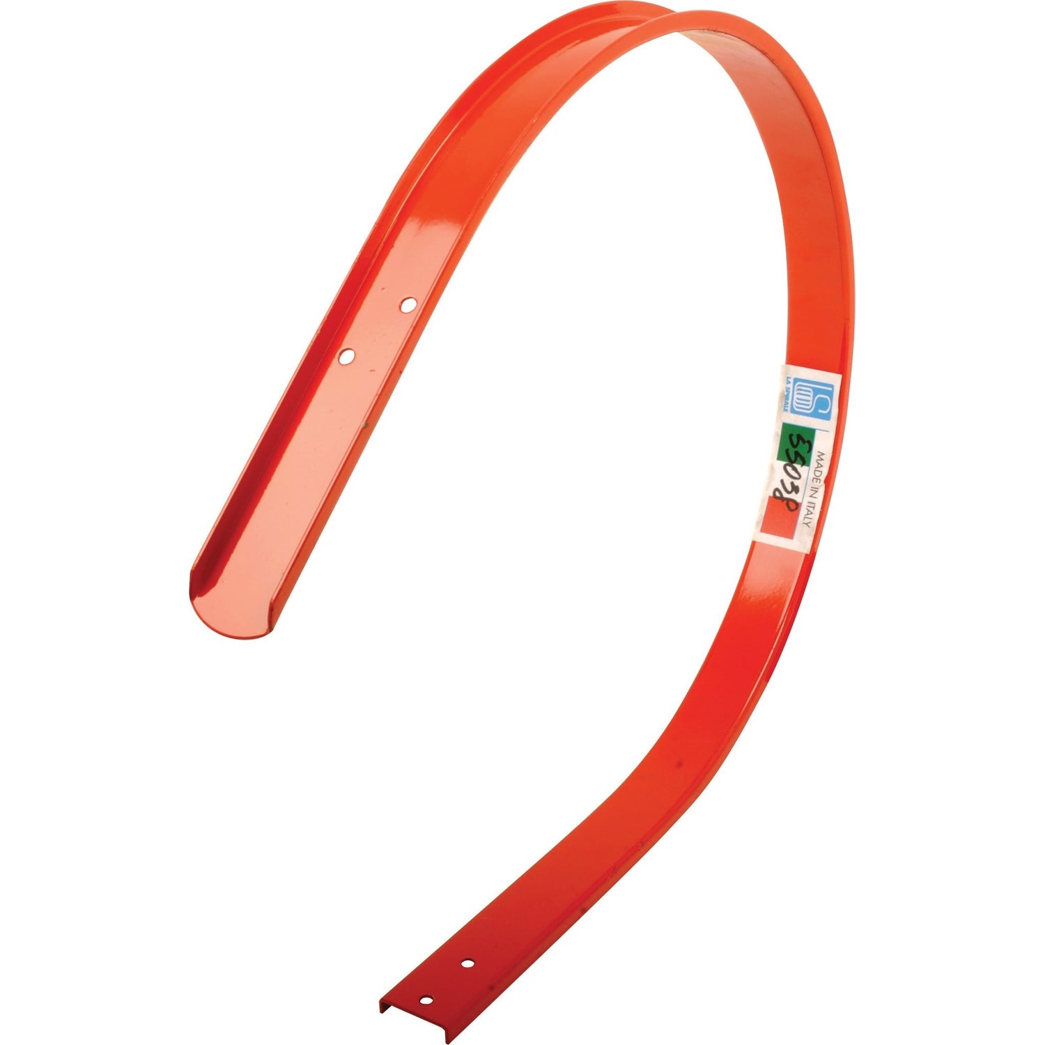 A red metal Pick Up Reel Band - S.106063 from Sparex, featuring a curved design with two holes near one end spaced 35mm apart, and adorned with a label displaying text and the blue Sparex logo.