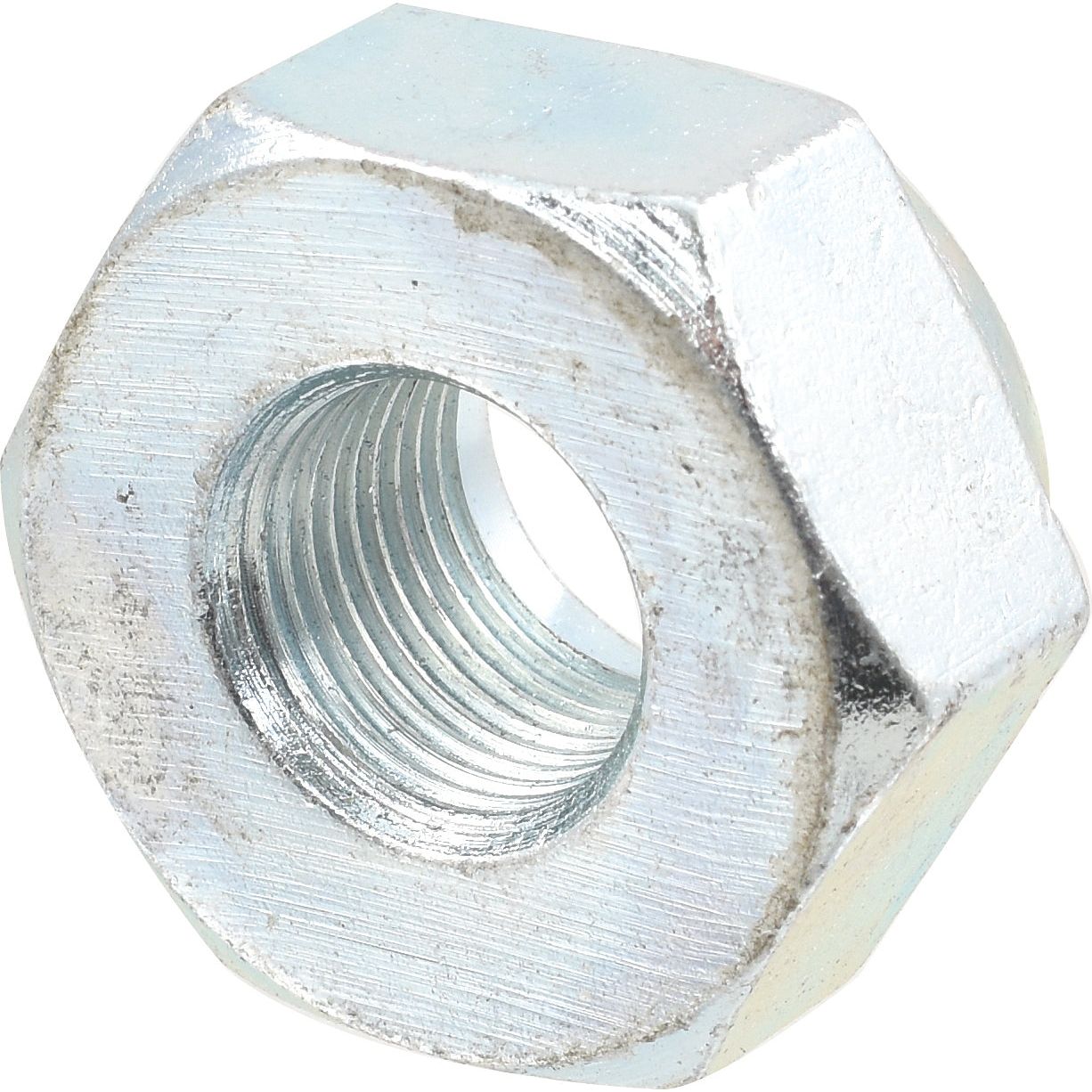 Close-up of a Sparex Cone Wheel Nut, 3/4'' UNF (Sparex Part No. S.1060), featuring a silver hexagonal design with internal threading, suitable for Ford/New Holland vehicles and used for fastening with a bolt.