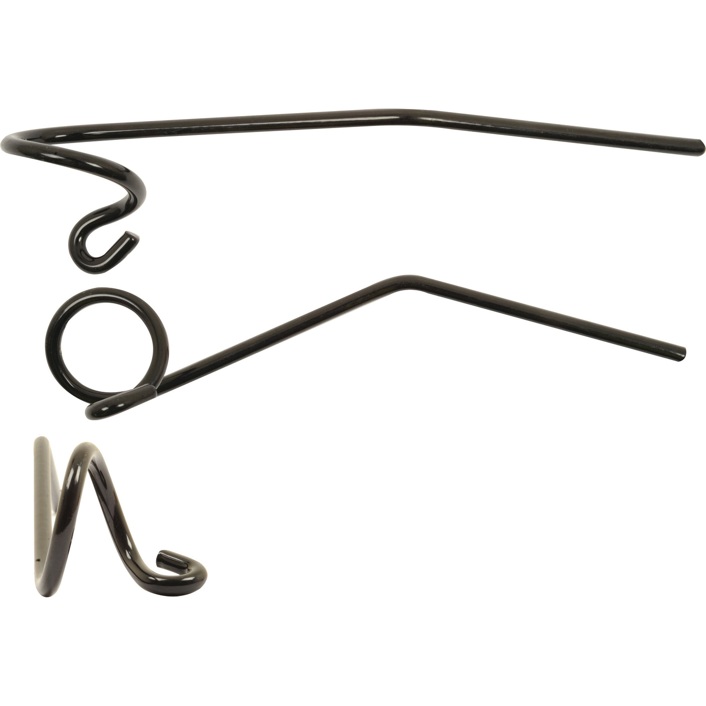 Three uniquely shaped black metal wire hooks, featuring bends and loops, arranged against a white background. These Reel Tines are perfect as a replacement part for your Claas machinery. Product details: Sparex Part No. S.106219, designed to fit 650500 models from the trusted brand Sparex.