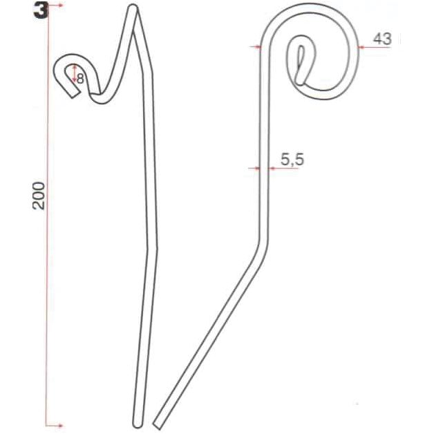 Line drawing of two hook-like metal pieces with measurements. The Sparex Reel Tine (Product No. S.106219) includes a primary OE reference piece that is 200 mm in length and has an 18 mm loop. The other piece, ideal for Replacement Claas, features a 43 mm width loop and a 5.5 mm space between the loops.