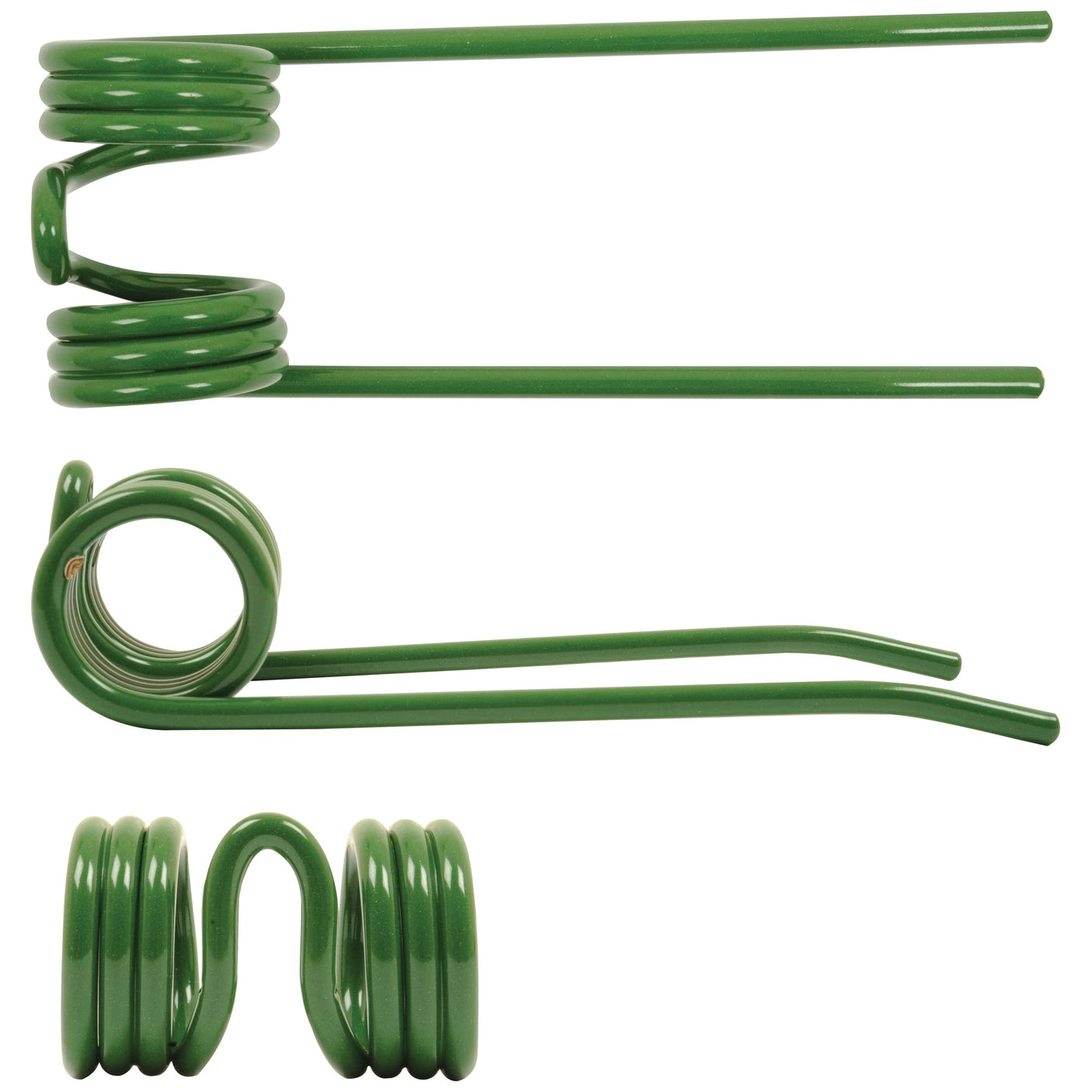 A green, coiled metal rod shown from three different angles: top, side, and front view. The Pick-Up Tine (170mm length, 62mm width, Ø5.5mm), a replacement part for Deutz-Fahr designed to fit model 06572888 by Sparex (Sparex Part No.S.106223), is precision crafted for optimal performance.