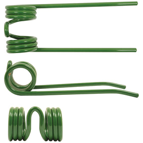 A green, coiled metal rod shown from three different angles: top, side, and front view. The Pick-Up Tine (170mm length, 62mm width, Ø5.5mm), a replacement part for Deutz-Fahr designed to fit model 06572888 by Sparex (Sparex Part No.S.106223), is precision crafted for optimal performance.