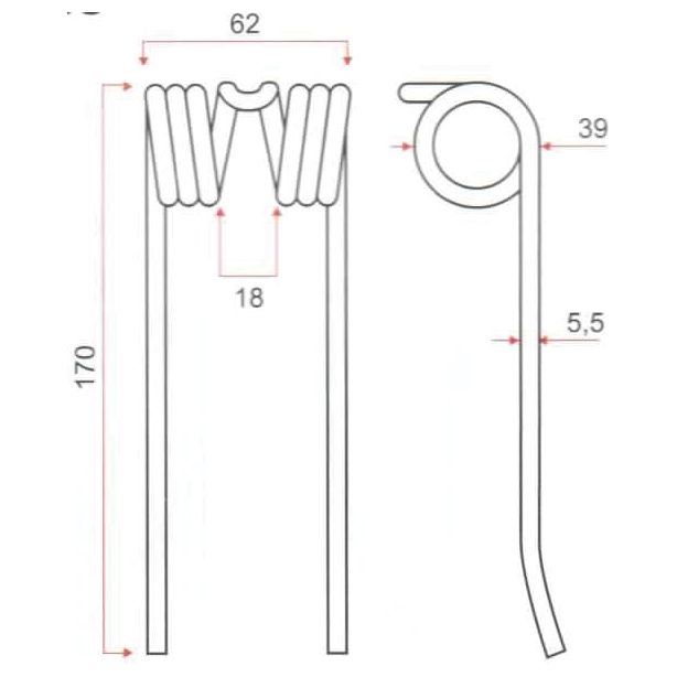 A technical drawing of a Sparex Pick-Up Tine designed for Deutz-Fahr machinery, with dimensions clearly marked. The component, featuring a coil section 62 mm wide and a smaller coil of 39 mm, measures 170 mm in length. Additionally, it includes a precise small bend at the bottom for enhanced functionality. This replacement part fits as Deutz-Fahr model number 06572888 and is listed under Sparex Part No.S.106223.