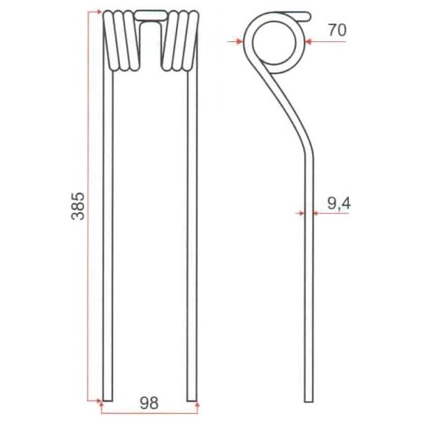 Line diagram of a metal part with detailed measurements: 385mm length, 98mm width, and 9.4mm diameter. This fitting, designed as the Tedder haytine by Sparex, is suitable for Fella installations (Replacement for Fella To fit as: 487734 | Sparex Part No.S.106224).