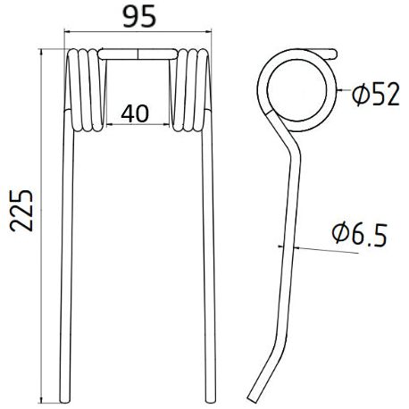 Technical drawing of the Pick-Up Tine by Sparex, showing dimensions: 95mm width, 225mm height, with a 40mm internal gap and an outer diameter (Ø) of 52mm. The wire diameter measures 6.5mm. This part is a replacement for Idass model number 8000818 and can be found under Sparex Part No.S.106241.