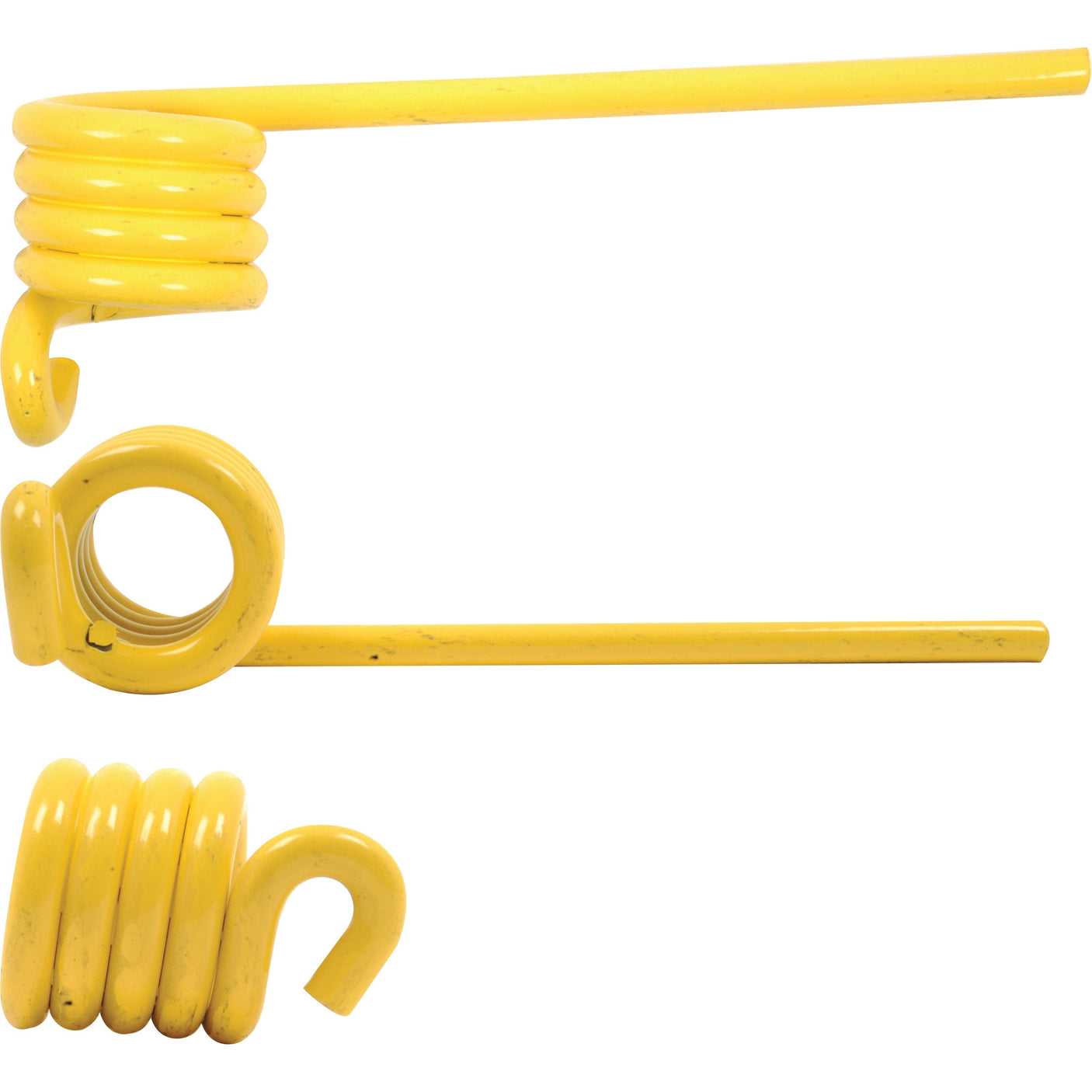 Three yellow metal coil springs are depicted, each bent into unique shapes. The top spring features a horizontal extension, the middle one forms a circle with a horizontal tail, and the bottom spring is tightly wound with an outer diameter of 44mm. These are Sparex Pick-Up Tines (Length: 195mm, Width Ø8.5mm), designed as replacements for John Deere part number CC50764, ensuring durability and reliability.