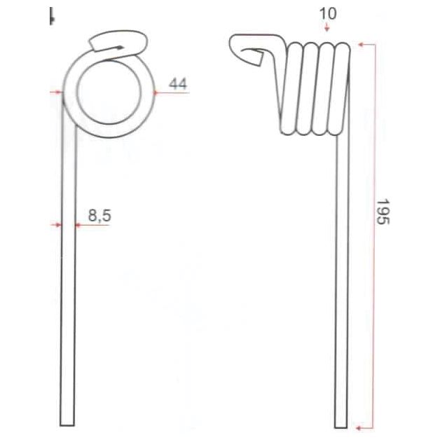 Diagram showing two views of a coiled wire: front view with an outer Ø 44 mm loop at the top and side view with a 195 mm height and four 10 mm coils. The vertical wire height is 8.5 cm. Suitable for CC50764 applications, especially compatible with John Deere equipment under the Sparex brand as part number S.106243, known as Pick-Up Tine Length:195mm, Width Ø8.5mm - Replacement for John Deere.

