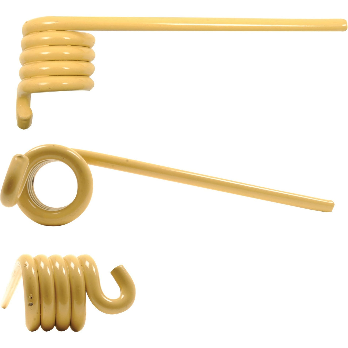 Three perspectives of a tan-colored, coiled plastic spring with straight extensions on both ends. The spring, resembling the Sparex Pick-Up Tine (Model CC50765) from the John Deere collection, is shown from the side, top, and at an angle. This product, with a length of 195mm and width of Ø8.5mm, fits as a replacement part for John Deere and is listed under Sparex Part No.S.106244.