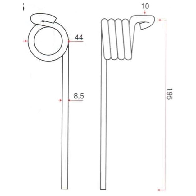 Technical drawing of a Pick-Up Tine resembling something you'd find in John Deere equipment. Measurements are displayed: coil diameter 44 mm, stick length 195 mm, coil height 8.5 mm, and coil end length 10 mm. This Sparex brand replacement part fits as CC50765 with Sparex Part No. S.106244.
