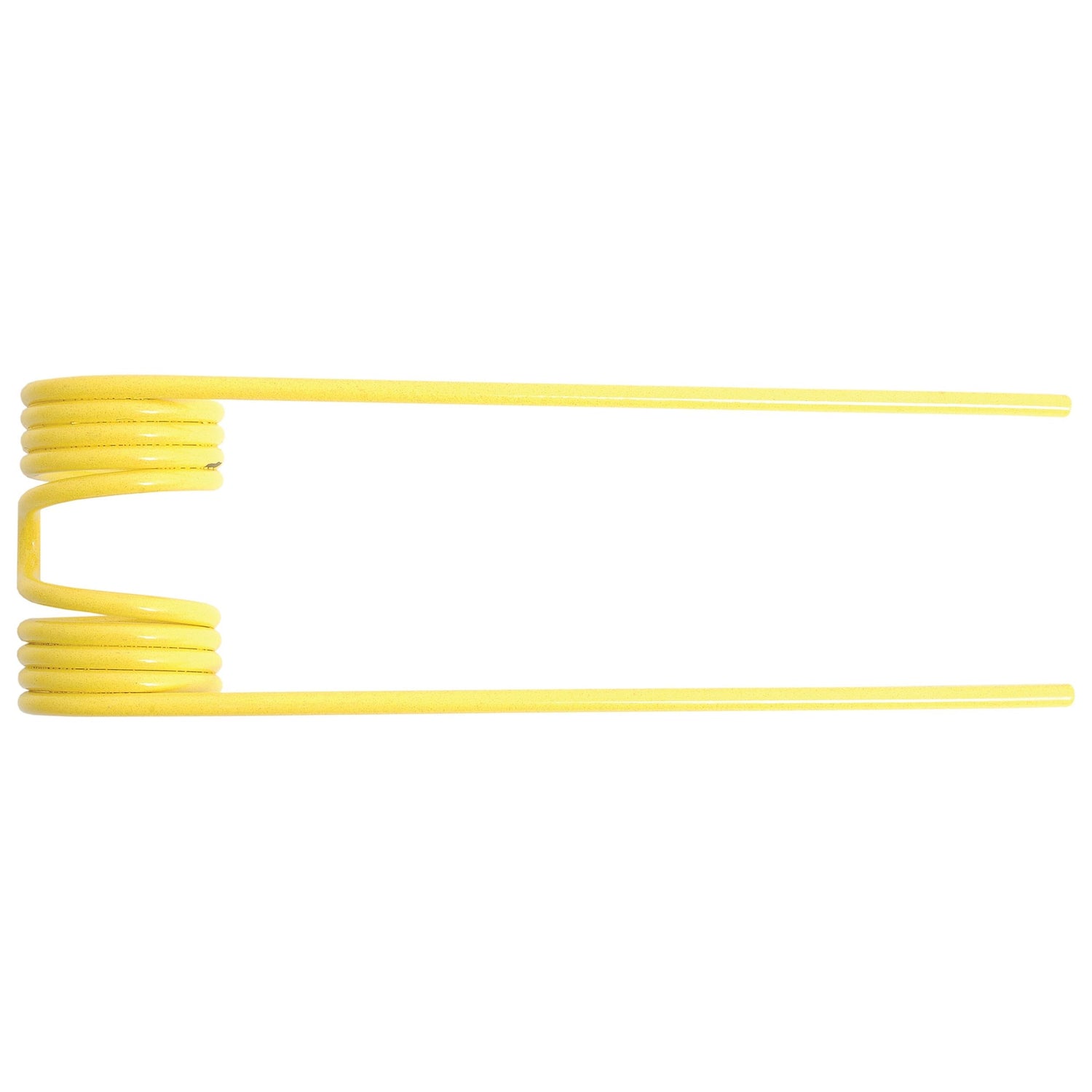 A yellow Sparex Pick-Up Tine, measuring 214mm in length, 65mm in width, and Ø4.5mm in diameter, coiled with two straight ends extending outwards, engineered to meet the precision standards of John Deere E41833 (Sparex Part No. S.106247).