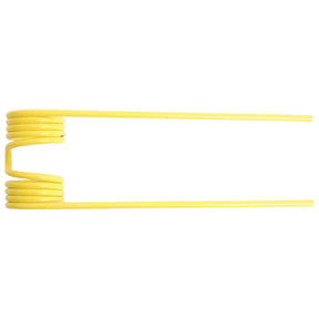 A yellow Sparex Pick-Up Tine, measuring 214mm in length, 65mm in width, and Ø4.5mm in diameter, coiled with two straight ends extending outwards, engineered to meet the precision standards of John Deere E41833 (Sparex Part No. S.106247).