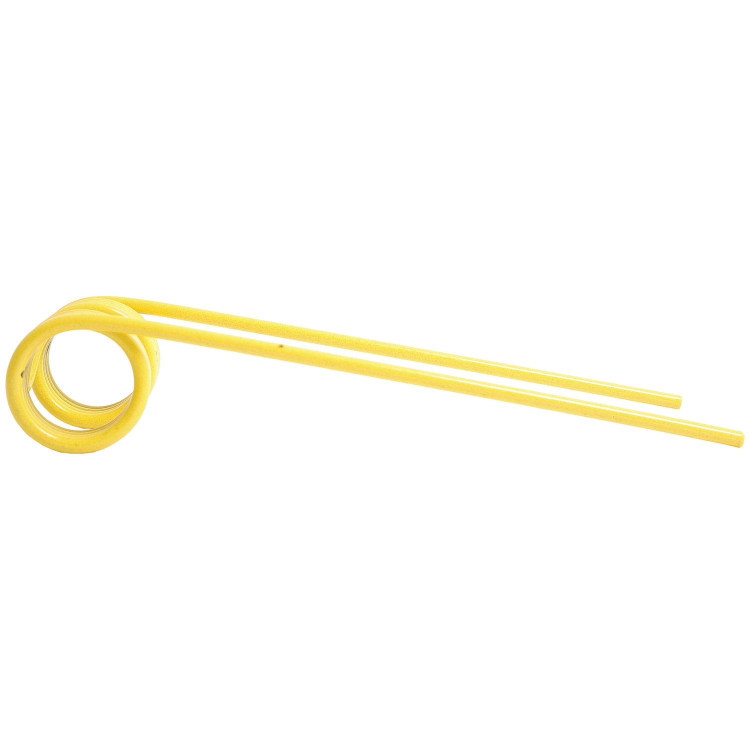A yellow, spiral-shaped plastic straw with one loop at the beginning extends to two straight parallel sections, reminding one of the efficiency embodied in John Deere machinery, akin to the Sparex Pick-Up Tine (Part No. S.106247) designed as a replacement component for John Deere's E41833 model.