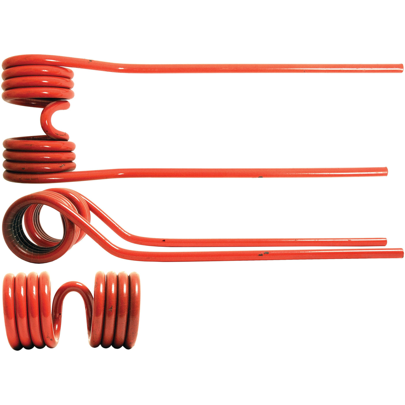 Three red metal tedder haytines of varying dimensions and coil patterns, aligned horizontally against a white background, reminiscent of the precision found in Taarup machinery.