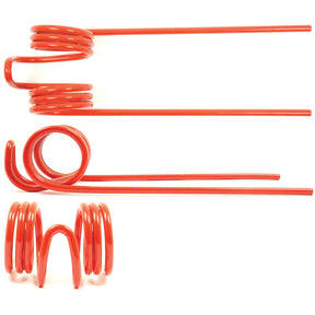 Multiple images display the Sparex Pick-Up Tines (285mm length, 84mm width, Ø6.5mm) against a white backdrop. These red coils evoke the rugged precision of Massey Ferguson machinery and feature extended straight ends. This product fits as 1803425M1 and is identified by Sparex Part No. S.106258.