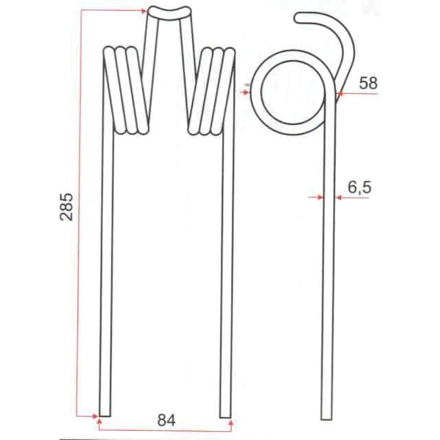 Technical drawing of a Sparex Pick-Up Tine, designed as a replacement for the Massey Ferguson part number 1803425M1 (Sparex Part No. S.106258). The Pick-Up Tine measures 285mm in length, 84mm in width, with a wire diameter of Ø6.5mm and features a coiled middle section compatible with Massey Ferguson machinery.