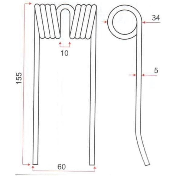 Technical drawing of a coiled wire, meticulously crafted by Sparex: 155mm height, 60mm width, Ø5mm—Replacement for Mengelle To fit as: 02049217 (Sparex Part No. S.106259). Additional coil length is precisely 10mm.