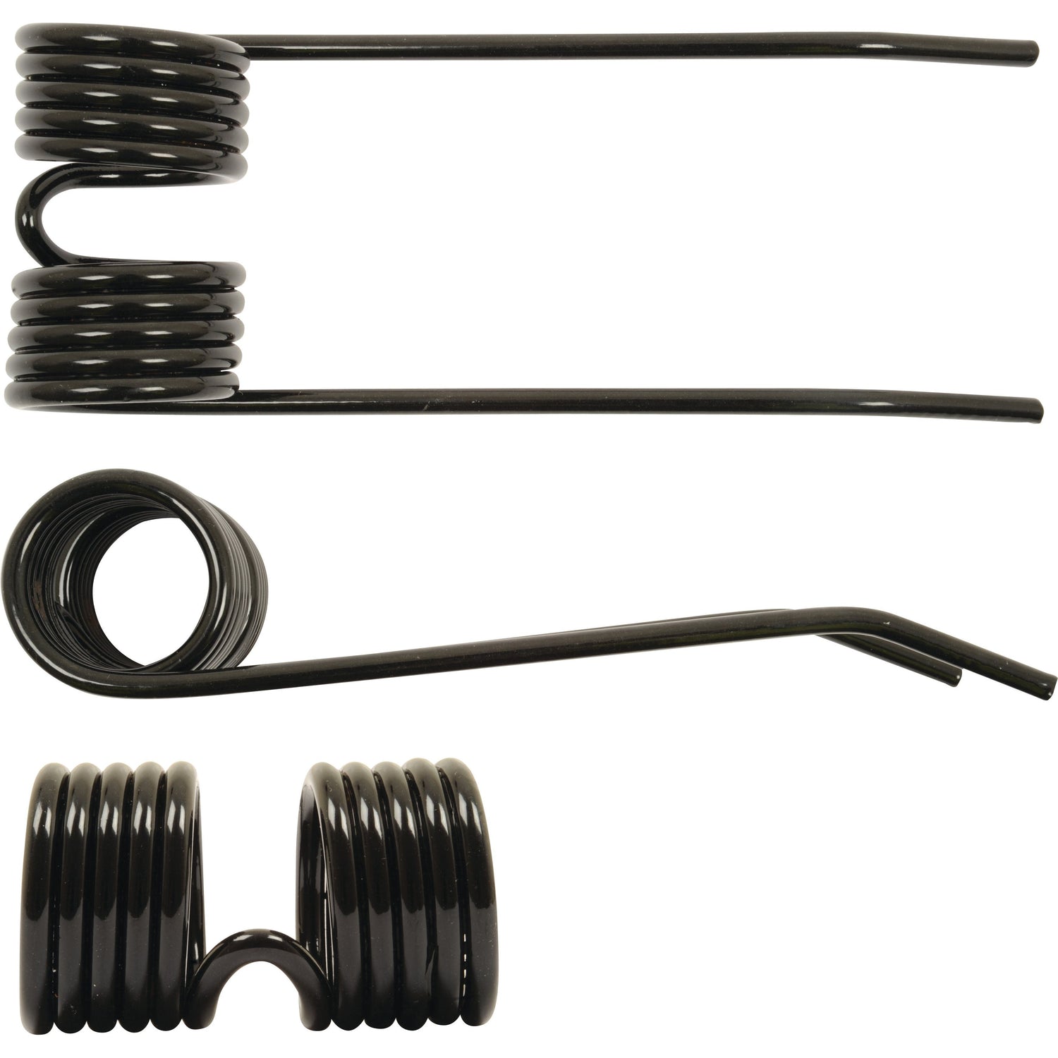 Three black Pick-Up Tines, each featuring different coil arrangements and extended straight sections, measuring 187mm in length. All tines have a glossy finish and are displayed from various angles: top view, side view, and end view. These tines are replacement parts for Case IH with the Grange & Walter catalog number 86632007 and Sparex Part No. S.106264.