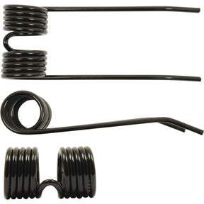 Three black Pick-Up Tines, each featuring different coil arrangements and extended straight sections, measuring 187mm in length. All tines have a glossy finish and are displayed from various angles: top view, side view, and end view. These tines are replacement parts for Case IH with the Grange & Walter catalog number 86632007 and Sparex Part No. S.106264.