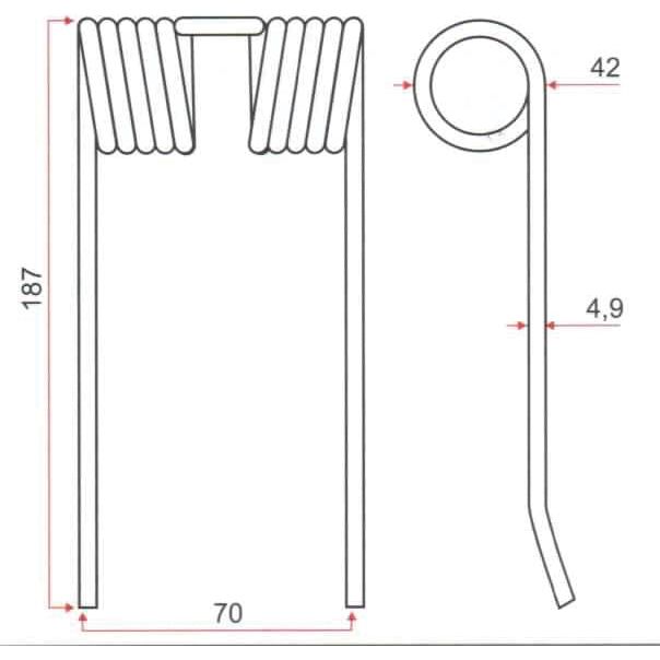 Technical drawing of a Sparex Pick-Up Tine with several measurements. The key dimensions are 187 mm in height, a width of 70 mm at the base, 42 mm coil diameter, and 4.9 mm wire thickness. Reference model number: S.106264 (Replacement for Case IH, model number: 86632007).