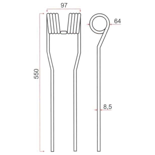 Technical diagram of the Swather/Tedder Tine (Sparex Part No. S.106270) showing front and side views with measurements. The front view dimensions are 550mm in length and 97mm in width. The side view dimensions include an Ø8.5mm width and a 64mm diameter loop (Outer Ø). This metal component is a replacement for SIP, part number 153932908, manufactured by Sparex.