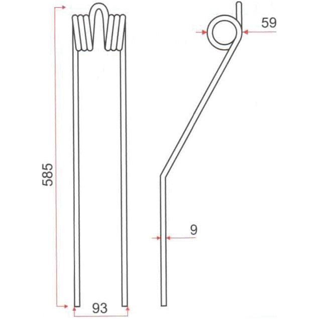 Technical drawing of a Tedder haytine by Sparex, showing front and side views with dimensions: 585mm length, 93mm width, and 9mm wire thickness. This part is a replacement for PZ and Vicon models with specifications fitting as: 16600420 | Sparex Part No. S.106277.